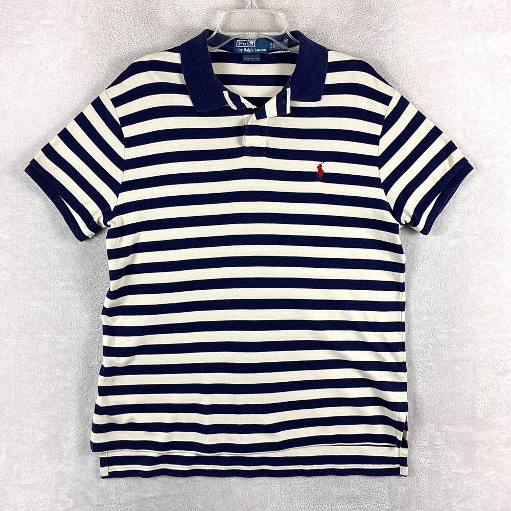 Vintage Polo Ralph Lauren Shirt Men L Navy White Stripe Red Pony Preppy Heritage